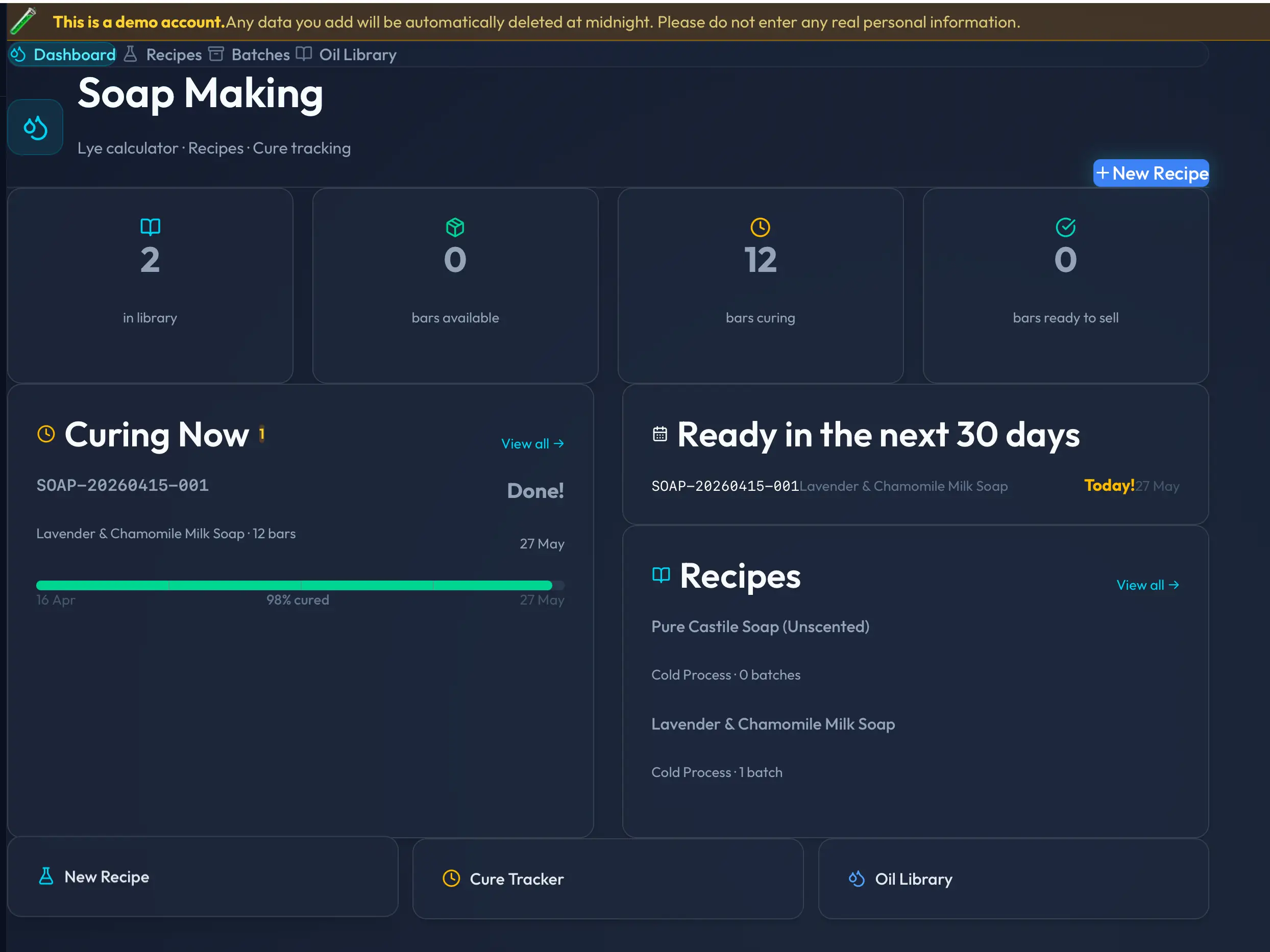 Stillroom HQ Soap Making Studio dashboard showing lye calculator, soap property analysis bars, and batch scaling
