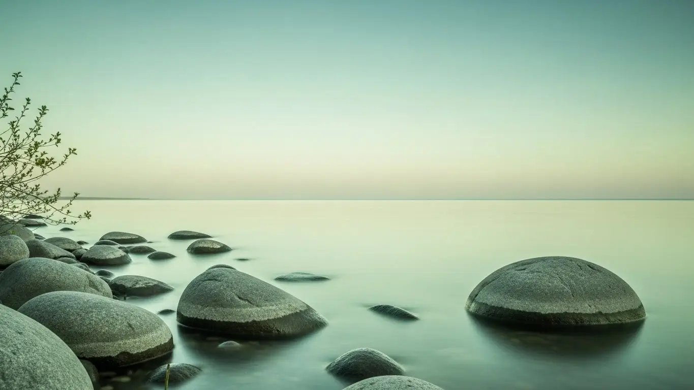A quiet liminal scene just before sunrise — pale light touching water, stone and young leaves