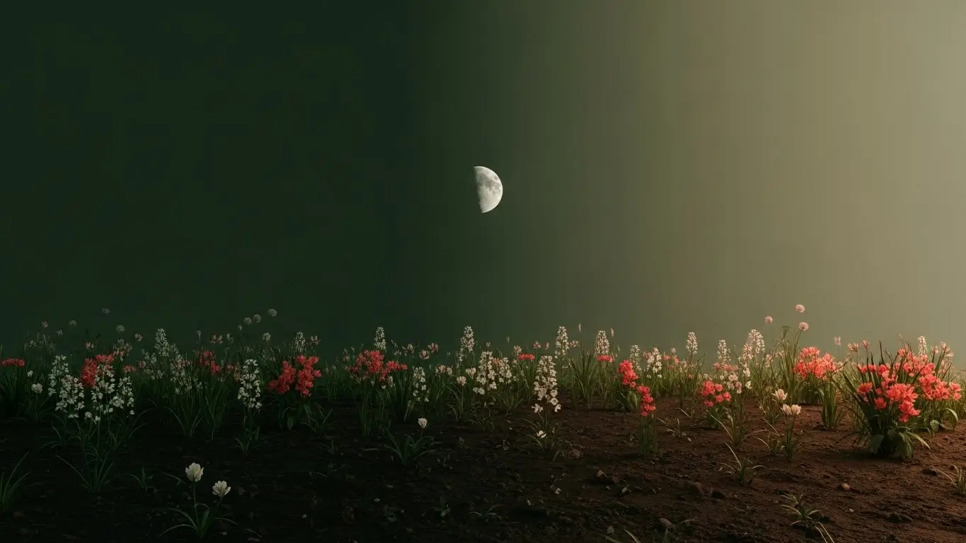 Dark earth and green growth at the edge of night and dawn — moonlight becoming morning