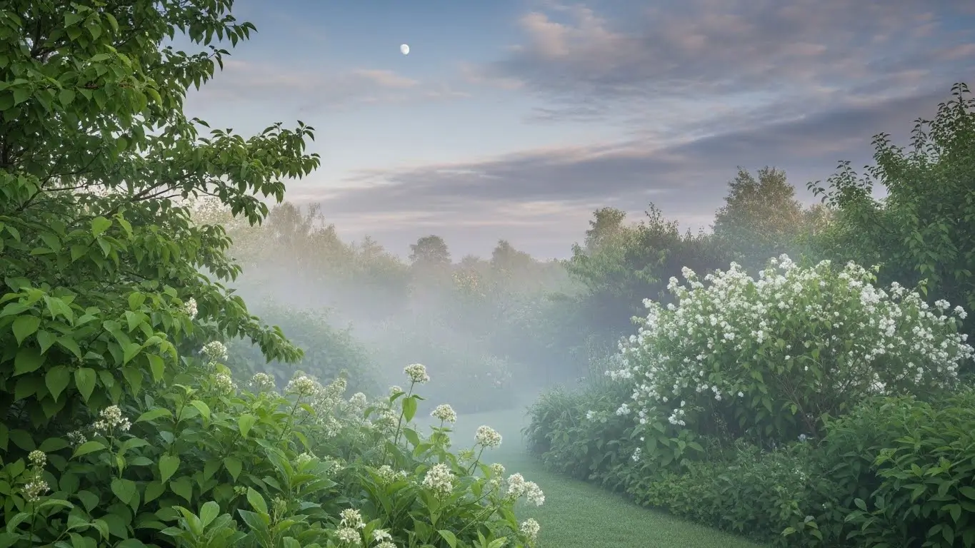 Early morning light over a garden just after dawn, soft mist lifting, moon still visible